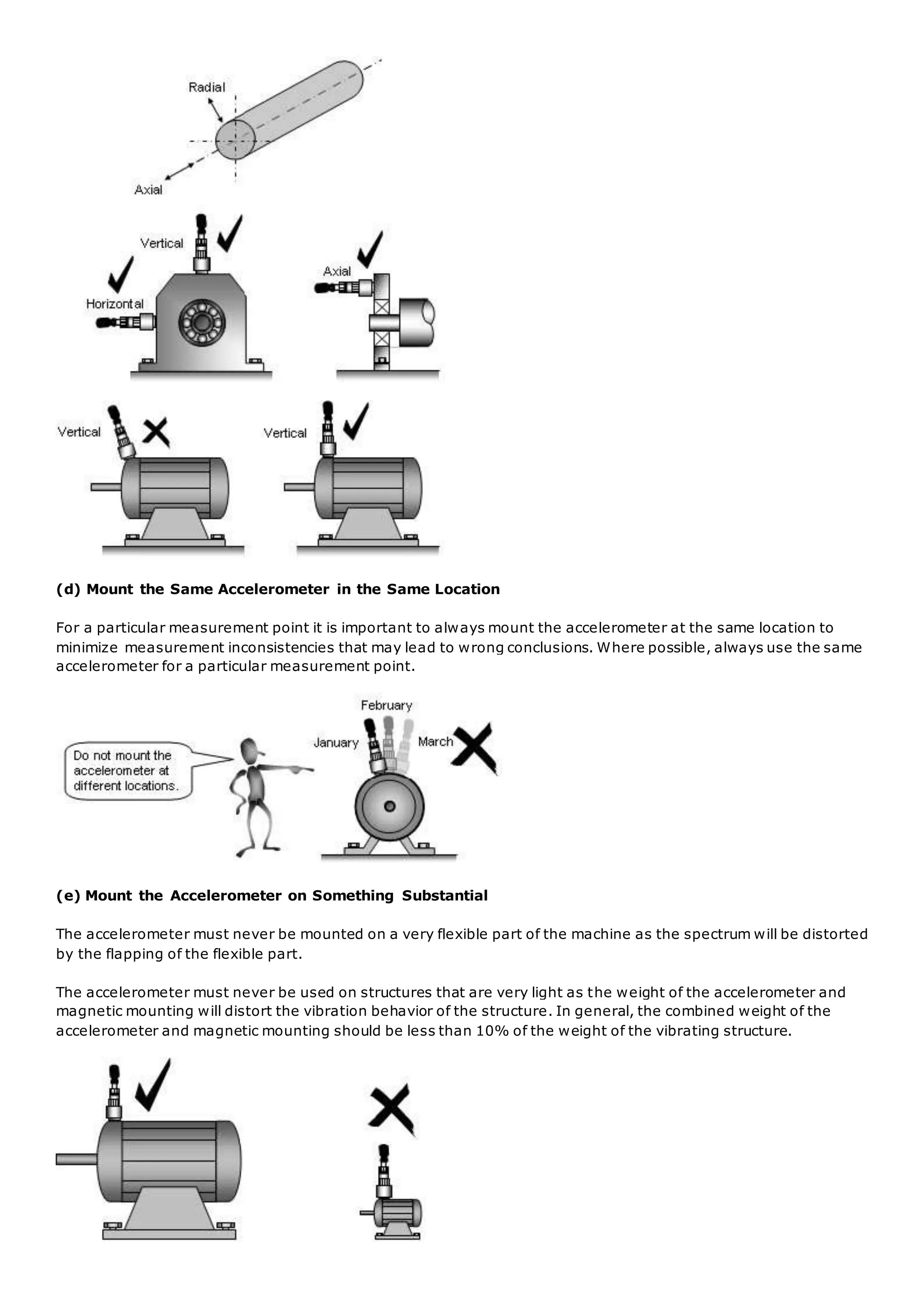 (d) Mount the Same Accelerometer in the Same Location
For a particular measurement point it is important to always mount the accelerometer at the same location to
minimize measurement inconsistencies that may lead to wrong conclusions. Where possible, always use the same
accelerometer for a particular measurement point.
(e) Mount the Accelerometer on Something Substantial
The accelerometer must never be mounted on a very flexible part of the machine as the spectrum will be distorted
by the flapping of the flexible part.
The accelerometer must never be used on structures that are very light as the weight of the accelerometer and
magnetic mounting will distort the vibration behavior of the structure. In general, the combined weight of the
accelerometer and magnetic mounting should be less than 10% of the weight of the vibrating structure.
 