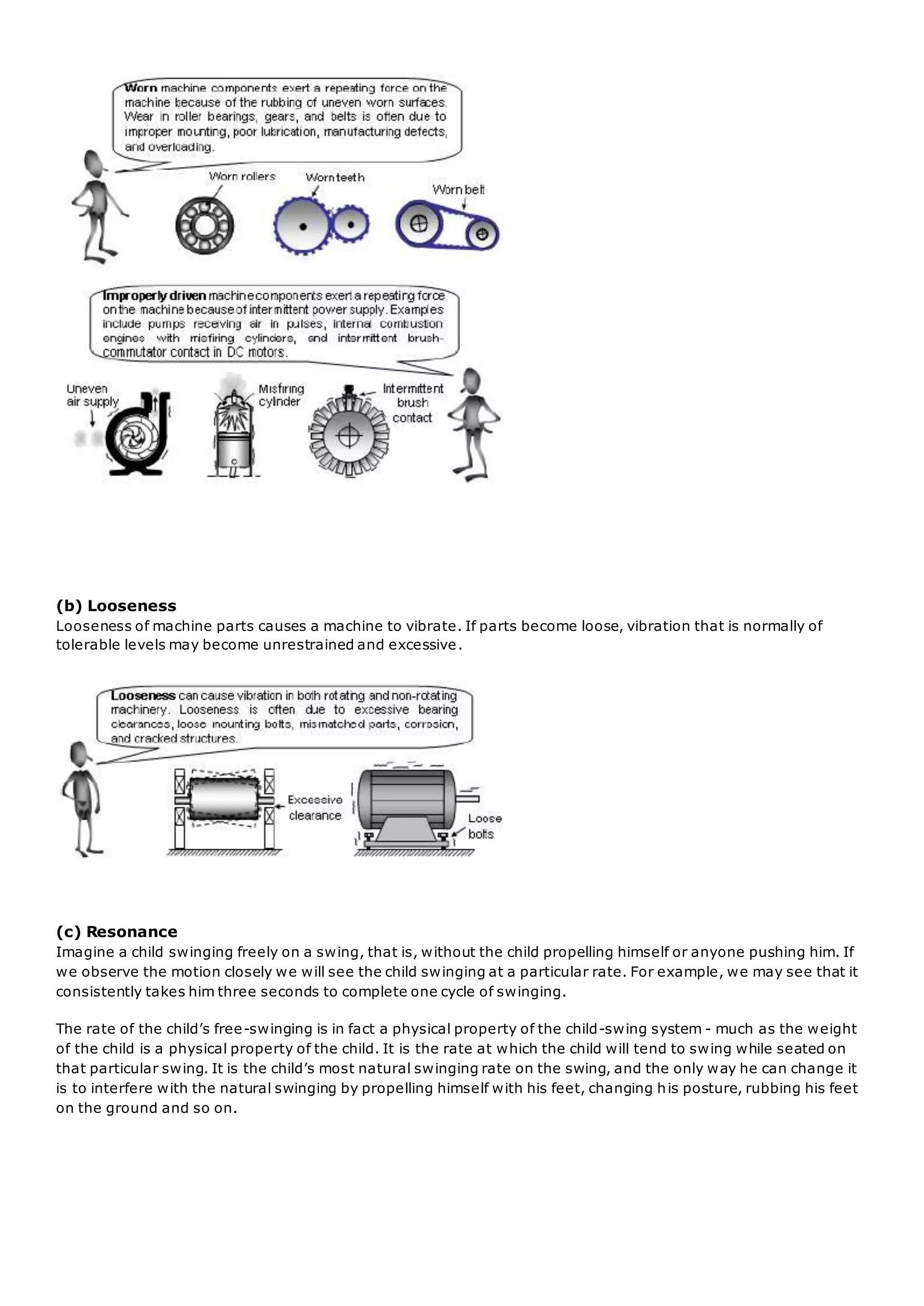 (b) Looseness
Looseness of machine parts causes a machine to vibrate. If parts become loose, vibration that is normally of
tolerable levels may become unrestrained and excessive.
(c) Resonance
Imagine a child swinging freely on a swing, that is, without the child propelling himself or anyone pushing him. If
we observe the motion closely we will see the child swinging at a particular rate. For example, we may see that it
consistently takes him three seconds to complete one cycle of swinging.
The rate of the child’s free-swinging is in fact a physical property of the child-swing system - much as the weight
of the child is a physical property of the child. It is the rate at which the child will tend to swing while seated on
that particular swing. It is the child’s most natural swinging rate on the swing, and the only way he can change it
is to interfere with the natural swinging by propelling himself with his feet, changing his posture, rubbing his feet
on the ground and so on.
 