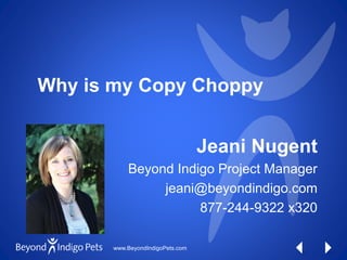 www.BeyondIndigoPets.com
Why is my Copy Choppy
Jeani Nugent
Beyond Indigo Project Manager
jeani@beyondindigo.com
877-244-9322 x320
 