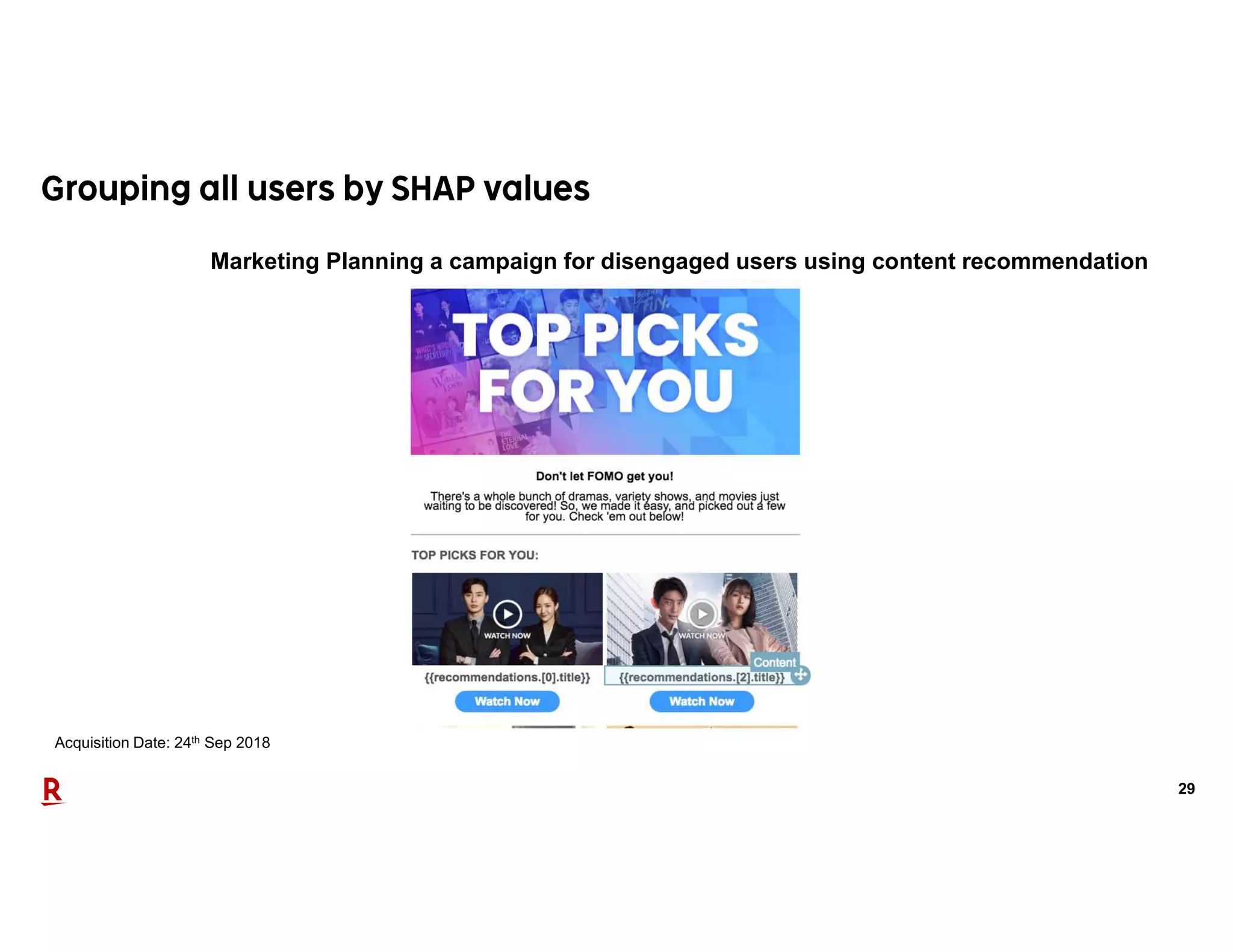 29
Marketing Planning a campaign for disengaged users using content recommendation
Acquisition Date: 24th Sep 2018
 