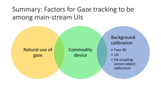 Summary: Factors for Gaze tracking to be
among main-stream UIs
Natural use of
gaze
Commodity
device
Background
calibration...