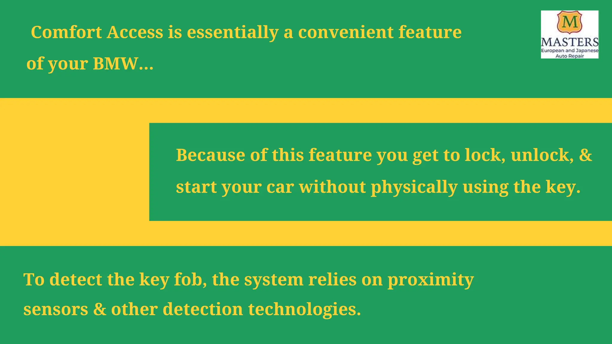 Because of this feature you get to lock, unlock, &
start your car without physically using the key.
Comfort Access is essentially a convenient feature
of your BMW…
To detect the key fob, the system relies on proximity
sensors & other detection technologies.
 