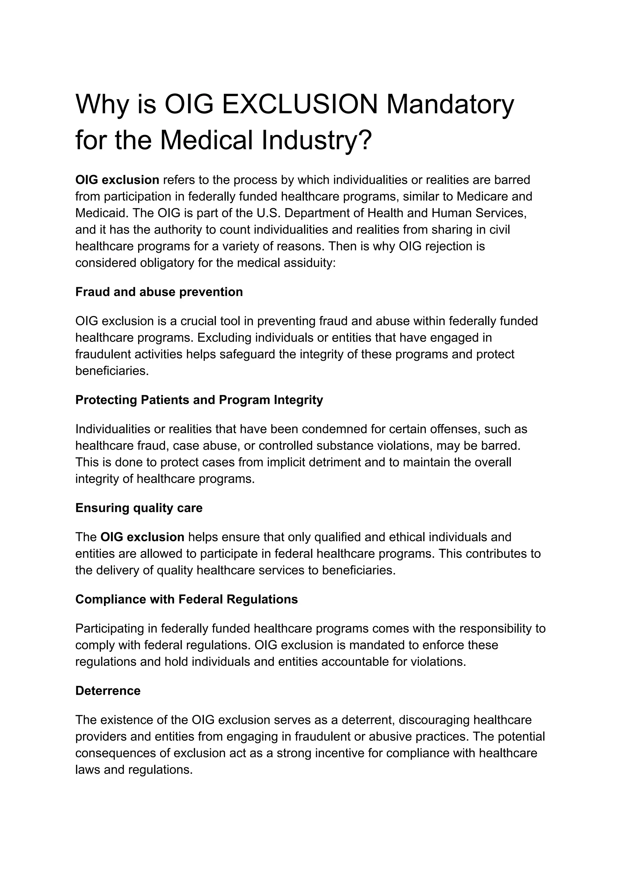 Why is OIG EXCLUSION Mandatory for the Medical Industry? | PDF