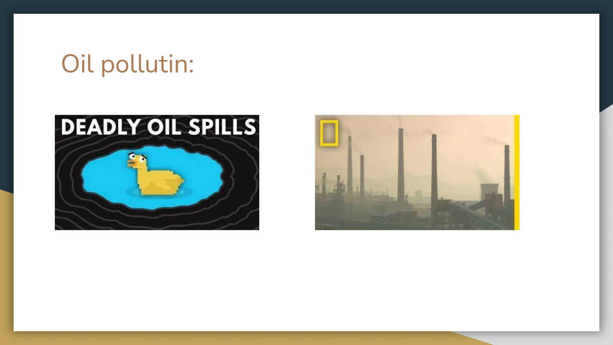 Oil pollutin:
 