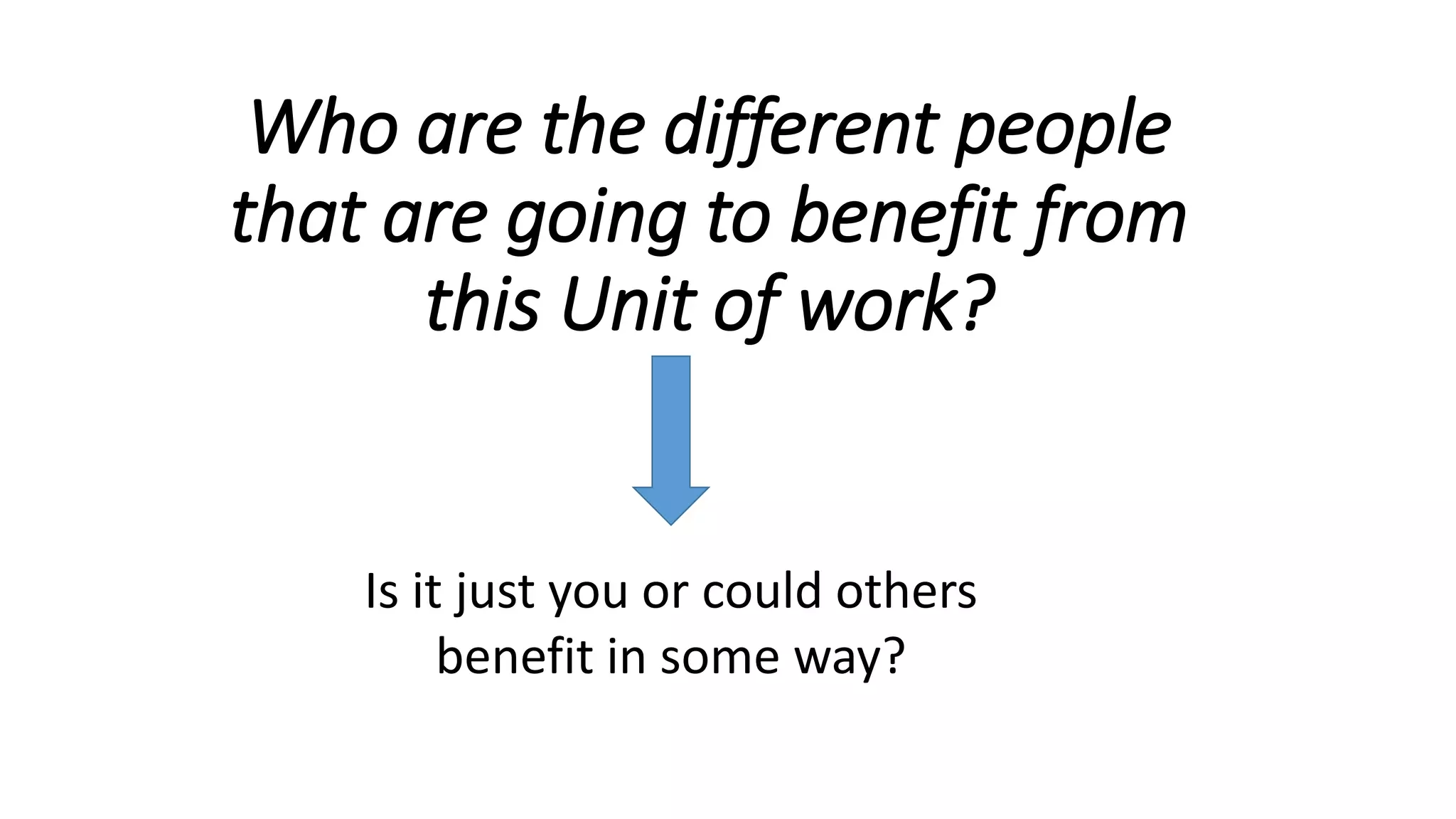 Who are the different people
that are going to benefit from
this Unit of work?
Is it just you or could others
benefit in some way?