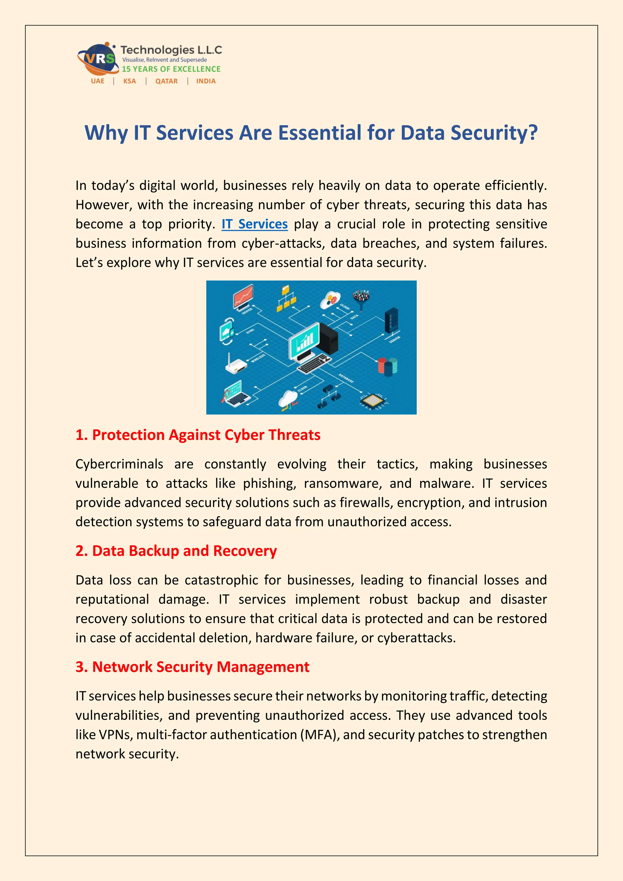 Why IT Services Are Essential for Data Security?
In today’s digital world, businesses rely heavily on data to operate efficiently.
However, with the increasing number of cyber threats, securing this data has
become a top priority. IT Services play a crucial role in protecting sensitive
business information from cyber-attacks, data breaches, and system failures.
Let’s explore why IT services are essential for data security.
1. Protection Against Cyber Threats
Cybercriminals are constantly evolving their tactics, making businesses
vulnerable to attacks like phishing, ransomware, and malware. IT services
provide advanced security solutions such as firewalls, encryption, and intrusion
detection systems to safeguard data from unauthorized access.
2. Data Backup and Recovery
Data loss can be catastrophic for businesses, leading to financial losses and
reputational damage. IT services implement robust backup and disaster
recovery solutions to ensure that critical data is protected and can be restored
in case of accidental deletion, hardware failure, or cyberattacks.
3. Network Security Management
IT services help businesses secure their networks by monitoring traffic, detecting
vulnerabilities, and preventing unauthorized access. They use advanced tools
like VPNs, multi-factor authentication (MFA), and security patches to strengthen
network security.
 