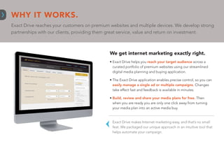 WHY IT WORKS.
Exact Drive reaches your customers on premium websites and multiple devices. We develop strong
partnerships with our clients, providing them great service, value and return on investment.



                                             We get internet marketing exactly right.
                                             •  xact Drive helps you reach your target audience across a
                                               E
                                               curated portfolio of premium websites using our streamlined
                                               digital media planning and buying application.

                                             •  he Exact Drive application enables precise control, so you can
                                               T
                                               easily manage a single ad or multiple campaigns. Changes
                                               take effect fast and feedback is available in minutes.

                                             • Build, review and share your media plans for free. Then
                                               
                                               when you are ready you are only one click away from turning
                                               your media plan into an active media buy.


                                              Exact Drive makes Internet marketing easy, and that’s no small
                                              feat. We packaged our unique approach in an intuitive tool that
                                              helps automate your campaign.
 
