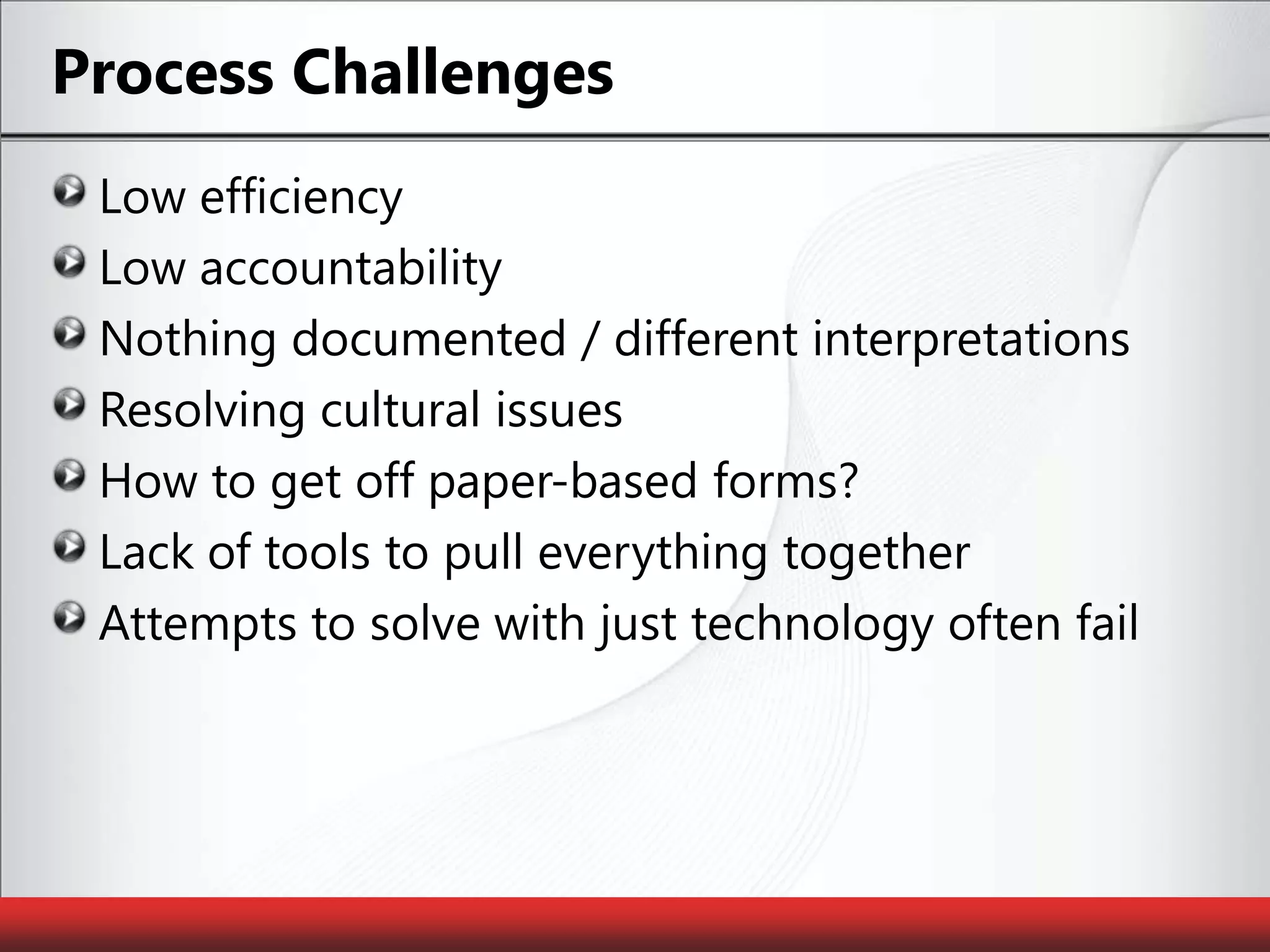 Process ChallengesLow efficiencyLow accountabilityNothing documented / different interpretationsResolving cultural issuesHow to get off paper-based forms?Lack of tools to pull everything togetherAttempts to solve with just technology often fail