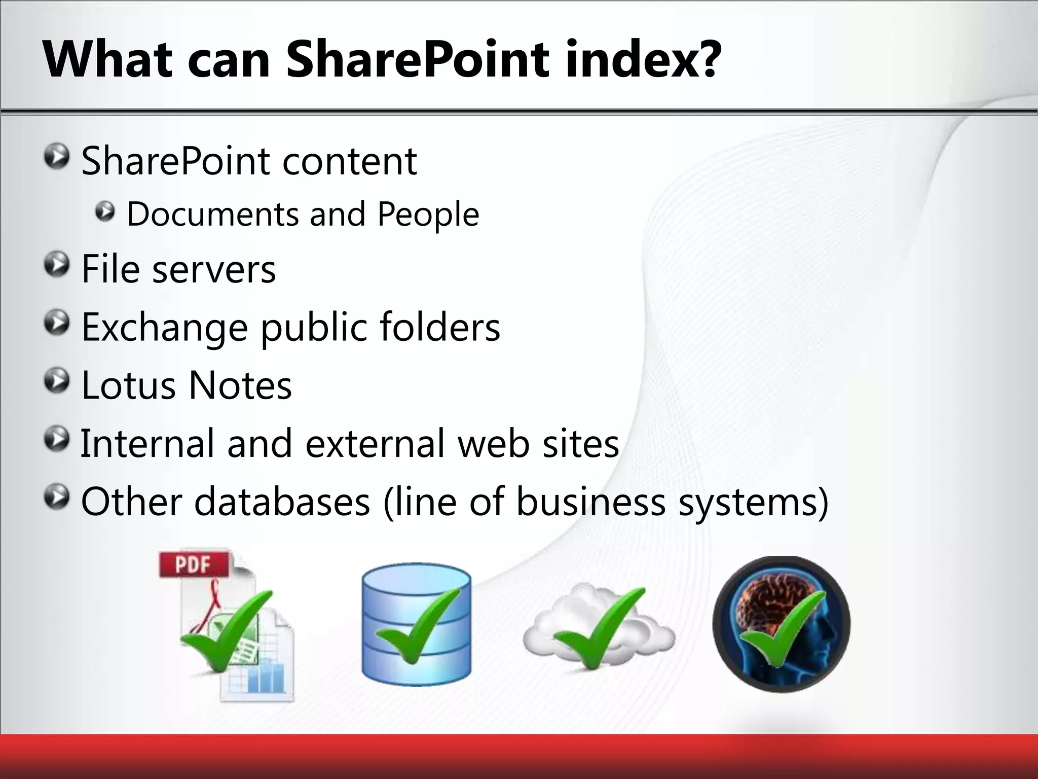 What can SharePoint index?SharePoint contentDocuments and PeopleFile serversExchange public foldersLotus NotesInternal and external web sitesOther databases (line of business systems)