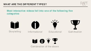 Most interactive videos fall into one of the following five
categories
WHAT ARE THE DIFFERENT TYPES?
Storytelling
iInformational Educational Gamification
Combination of the above
i
 