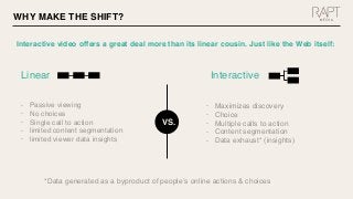 Interactive video offers a great deal more than its linear cousin. Just like the Web itself:
WHY MAKE THE SHIFT?
VS.
• Pas...