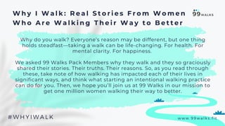 Why do you walk? Everyone’s reason may be different, but one thing
holds steadfast—taking a walk can be life-changing. For health. For
mental clarity. For happiness.
We asked 99 Walks Pack Members why they walk and they so graciously
shared their stories. Their truths. Their reasons. So, as you read through
these, take note of how walking has impacted each of their lives in
significant ways, and think what starting an intentional walking practice
can do for you. Then, we hope you’ll join us at 99 Walks in our mission to
get one million women walking their way to better.
# W H Y I W A L K
W h y I W a l k : R e a l S t o r i e s F r o m W o m e n
W h o A r e W a l k i n g T h e i r W a y t o B e t t e r
w w w . 9 9 w a l k s . f i t
 