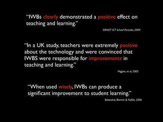 “IWBs clearly demonstrated a positive effect on
teaching and learning.”
                                 ERNIST ICT School Portraits, 2004




“In a UK study, teachers were extremely positive
about the technology and were convinced that
IWBS were responsible for improvements in
teaching and learning.”
                                             Higgins, et al, 2005




 “When used wisely, IWBs can produce a
 signiﬁcant improvement to student learning.”
                                  Balanskat, Blamire & Kefala, 2006
 