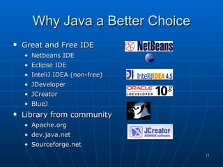 Why Java a Better Choice Great and Free IDE Netbeans IDE Eclipse IDE InteliJ IDEA (non-free) JDeveloper JCreator BlueJ Library from community Apache.org dev.java.net Sourceforge.net 