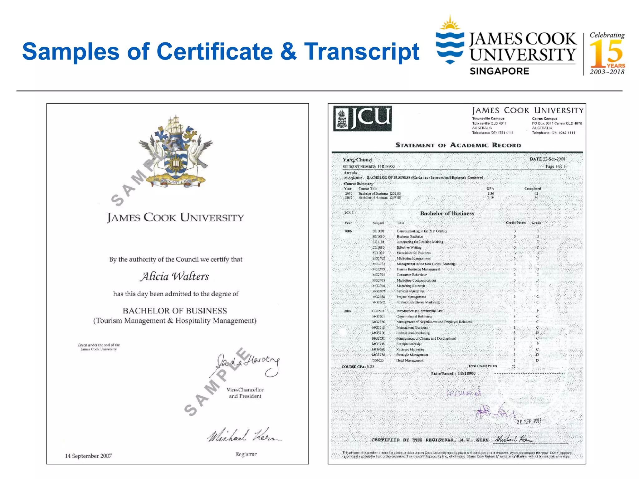 Samples of Certificate & Transcript
 