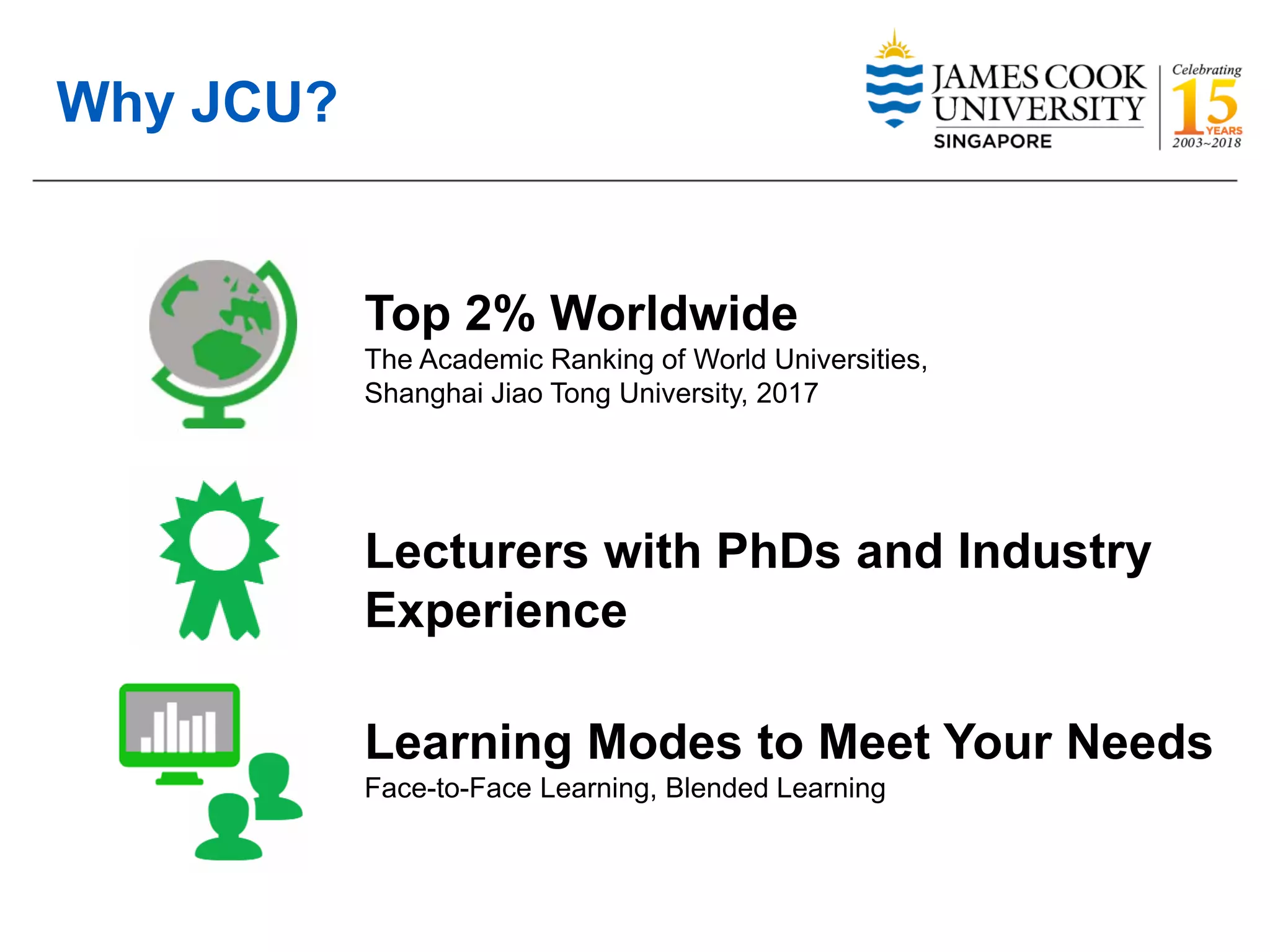 Why JCU?
Top 2% Worldwide
The Academic Ranking of World Universities,
Shanghai Jiao Tong University, 2017
Lecturers with PhDs and Industry
Experience
Learning Modes to Meet Your Needs
Face-to-Face Learning, Blended Learning
 