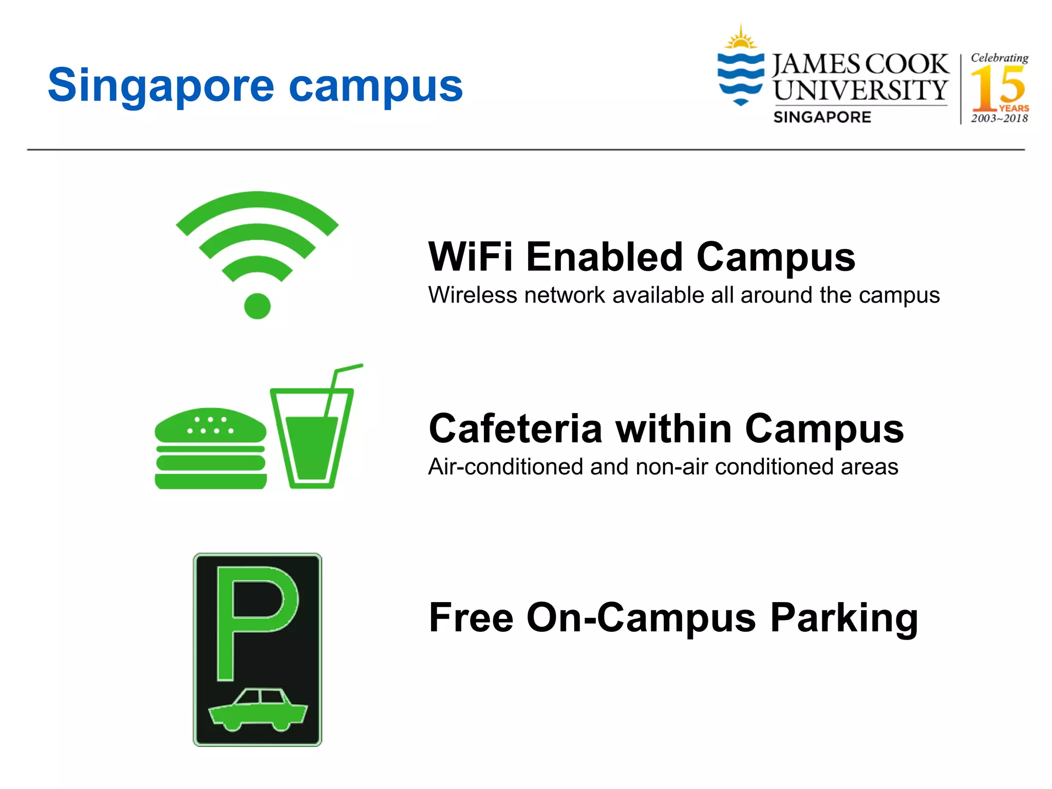 Singapore campus
WiFi Enabled Campus
Wireless network available all around the campus
Cafeteria within Campus
Air-conditioned and non-air conditioned areas
Free On-Campus Parking
 