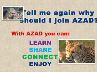 Tell me again why
  should I join AZAD?

With AZAD you can:
    LEARN
    SHARE
   CONNECT
    ENJOY
 