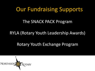 Our Fundraising Supports
      The SNACK PACK Program

RYLA (Rotary Youth Leadership Awards)

   Rotary Youth Exchange Program
 