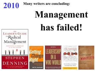 7 planks of traditional management4. “Staff are human resources that can also be manipulated”External incentives: carrot and sticks. Today, most work is knowledge work:Disengaged workers don’t produce their best. 11