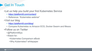 Get In Touch
•Let us help you build your first Kubernetes Service
• https://platform9.com/contact/
• Reference: “Kubernetes webinar”
•Visit our blog
• https://platform9.com/blog/
• Compare Kubernetes vs Amazon ECS, Docker Swarm and Mesos
•Follow us on Twitter
• @Platform9Sys
• Watch for:
• Kubernetes Comparison eBook
• Why Kubernetes? whitepaper
 