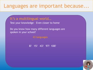 Languages are important because...It’s a multilingual world…Test your knowledge – Even closer to homeDo you know how many different languages are spoken in your school?43 languages8?   15?   43?   97?  108?