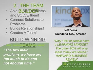 2. THE TEAM
BUILDER• Able to SEE problems
and SOLVE them!
• Connect Solutions to
Problems
• Builds Relationships!
• Creates A Team!
BUILD WINNING
TEAMS
“Only 10% of people have
a LEARNING MINDSET.
The other 90% will only
learn if they are forced.”
HARVARD BUSINESS
REVIEW
“The two main
problems we have are
too much to do and
not enough time.”
Ann, overworked business owner
Jeff Bezos
Founder & CEO, Amazon
 