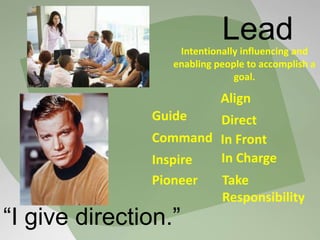 Lead
Guide
Take
Responsibility
Align
Pioneer
Direct
Inspire In Charge
Command
Intentionally influencing and
enabling people to accomplish a
goal.
In Front
“I give direction.”
 
