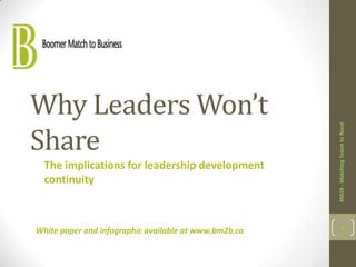 Why Leaders Won’t
Share




                                                       BM2B - Matching Talent to Need
  The implications for leadership development
  continuity



White paper and infographic available at www.bm2b.ca          1
 