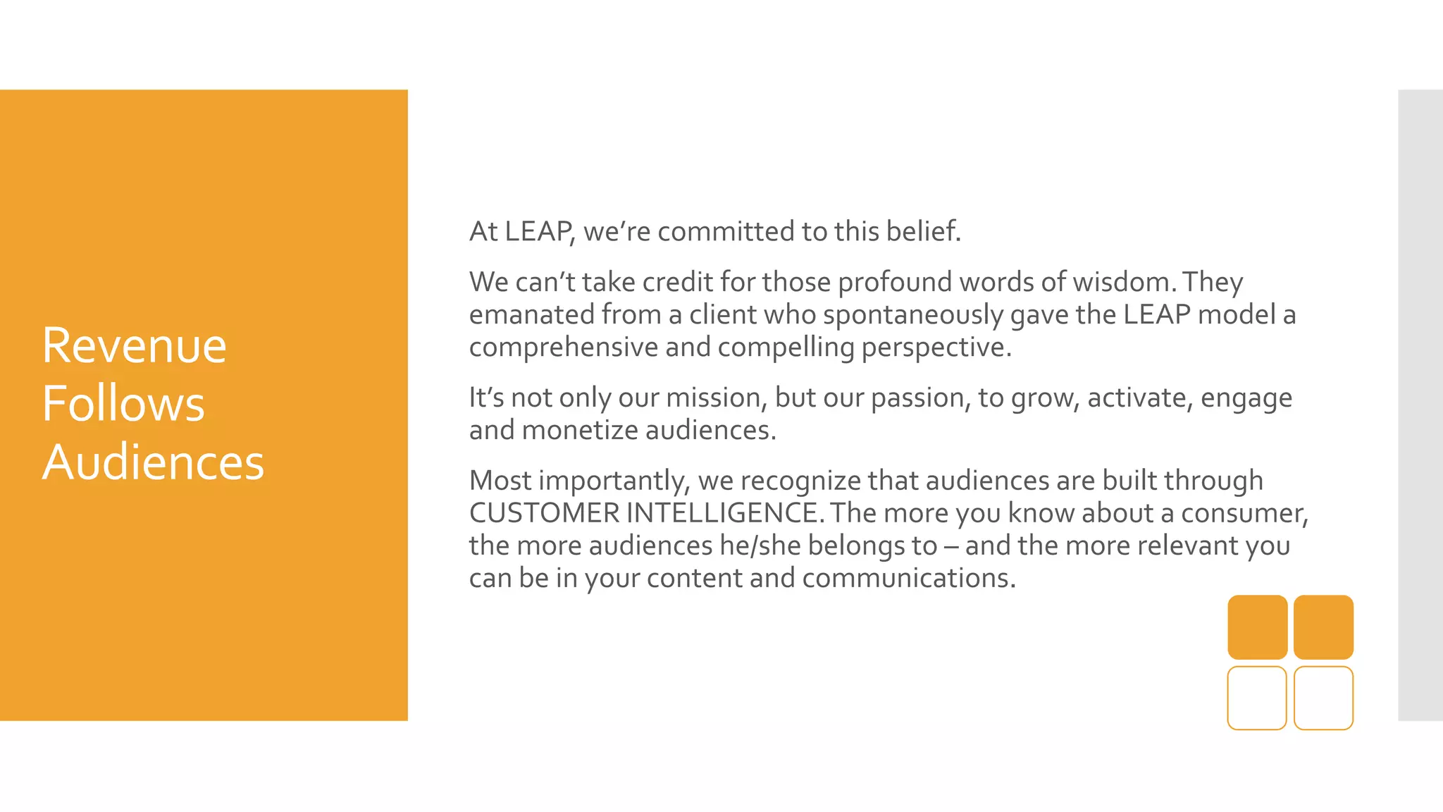 Revenue
Follows
Audiences
At LEAP, we’re committed to this belief.
We can’t take credit for those profound words of wisdom.They
emanated from a client who spontaneously gave the LEAP model a
comprehensive and compelling perspective.
It’s not only our mission, but our passion, to grow, activate, engage
and monetize audiences.
Most importantly, we recognize that audiences are built through
CUSTOMER INTELLIGENCE.The more you know about a consumer,
the more audiences he/she belongs to – and the more relevant you
can be in your content and communications.
 