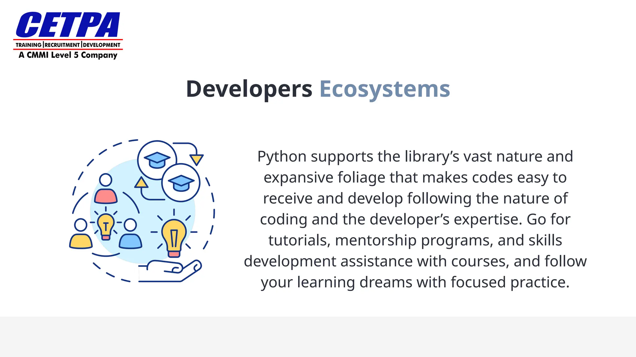 Developers Ecosystems
Python supports the library’s vast nature and
expansive foliage that makes codes easy to
receive and develop following the nature of
coding and the developer’s expertise. Go for
tutorials, mentorship programs, and skills
development assistance with courses, and follow
your learning dreams with focused practice.
 