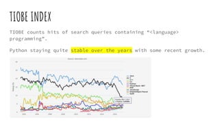 TIOBE INDEX
TIOBE counts hits of search queries containing “<language>
programming”.
Python staying quite stable over the years with some recent growth.
 