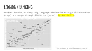 Redmonk ranking
RedMonk focuses on comparing language discussion through StackOverflow
(tags) and usage through GitHub (projects). Python is 5th.
* live updates at http://langpop.corger.nl/
 