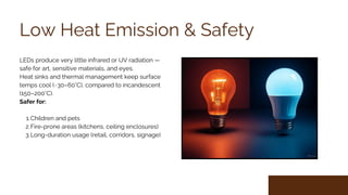Low Heat Emission & Safety
LEDs produce very little infrared or UV radiation —
safe for art, sensitive materials, and eyes.
Heat sinks and thermal management keep surface
temps cool (~30–60°C), compared to incandescent
(150–200°C).
Safer for:
1.Children and pets
2.Fire-prone areas (kitchens, ceiling enclosures)
3.Long-duration usage (retail, corridors, signage)
 