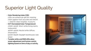 Superior Light Quality
Color Rendering Index (CRI):
LEDs can achieve 90–98 CRI, meaning
colors appear more accurate and vibrant
— ideal for retail, hospitals, museums.
CCT (Correlated Color Temperature):
2700K–3000K: Warm white (living rooms,
restaurants)
4000K–4500K: Neutral white (offices,
showrooms)
5000K–6500K: Daylight (warehouses, task
areas)
Tunable white and RGB LEDs allow
scene adjustment and human-centric
lighting based on time of day or activity.
 