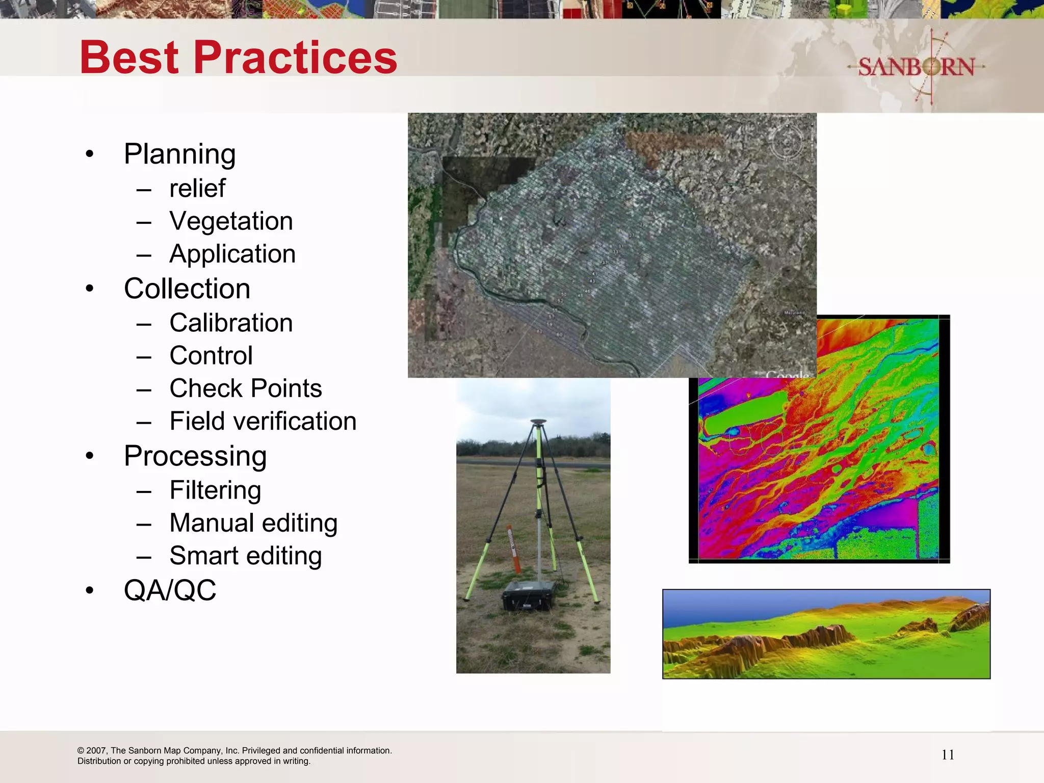 Best Practices Planning relief Vegetation Application Collection Calibration Control Check Points Field verification Processing Filtering Manual editing Smart editing QA/QC 