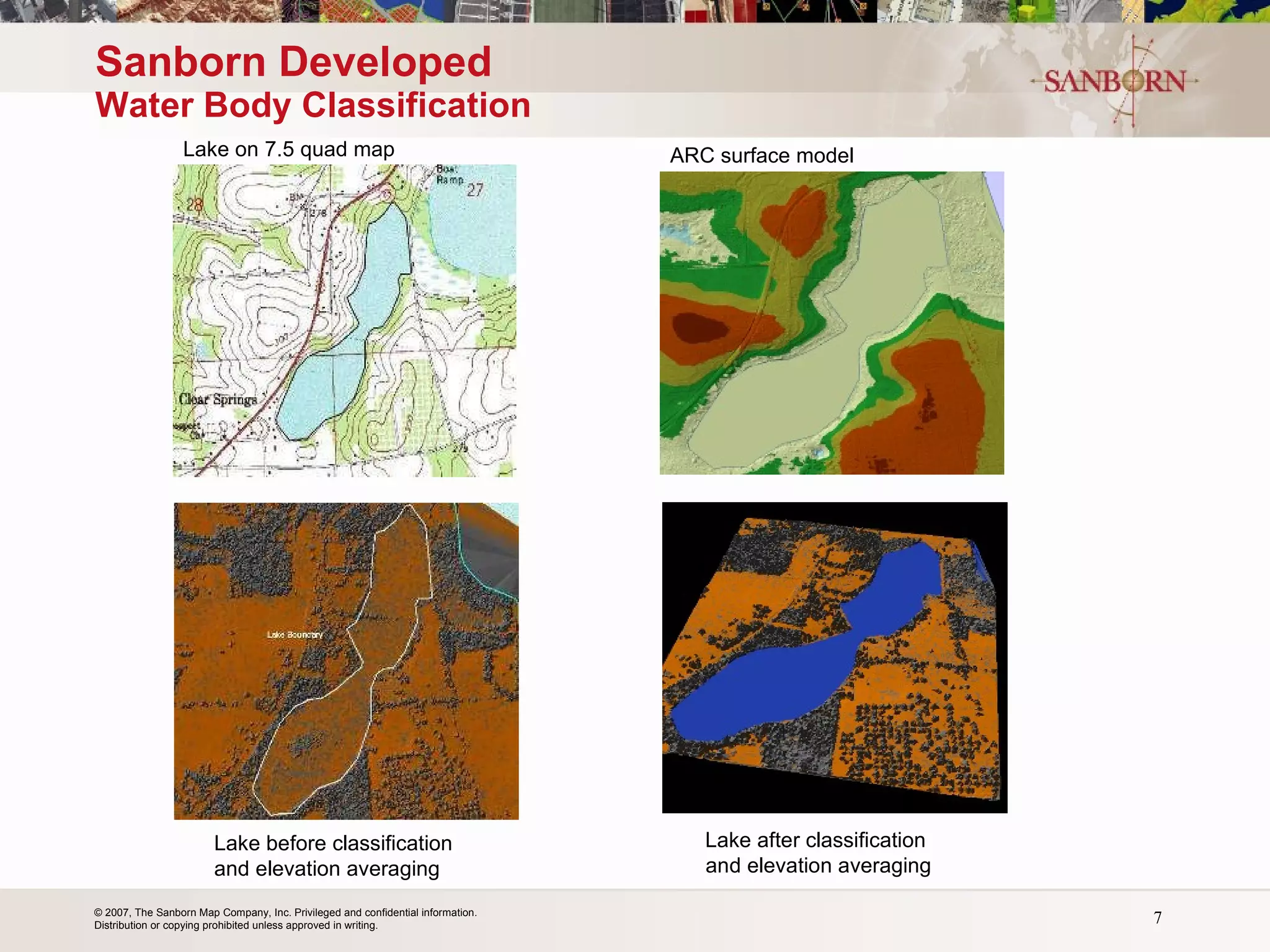 Sanborn Developed   Water Body Classification Lake on 7.5 quad map Lake before classification  and elevation averaging Lake after classification and elevation averaging ARC surface model 