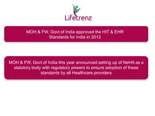 MOH & FW, Govt of India approved the HIT & EHR
Standards for India in 2013
MOH & FW, Govt of India this year announced setting up of NeHA as a
statutory body with regulatory powers to ensure adoption of these
standards by all Healthcare providers
 