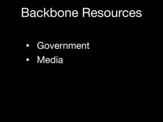 Backbone Resources

• Government
• Media
 