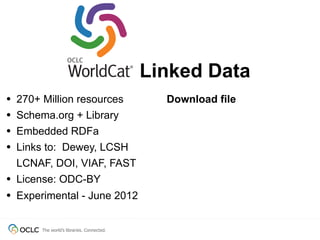 Linked Data
•   270+ Million resources                    Download file
•   Schema.org + Library
•   Embedded RDFa
•   Links to: Dewey, LCSH
    LCNAF, DOI, VIAF, FAST
•   License: ODC-BY
• Experimental - June 2012

        The world’s libraries. Connected.
 