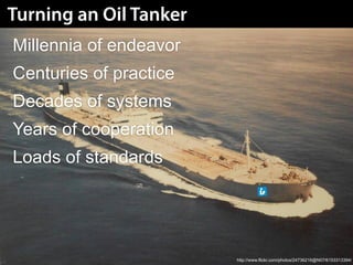 Turning an Oil Tanker
Millennia of endeavor
Centuries of practice
Decades of systems
Years of cooperation
Loads of standards




                        http://www.flickr.com/photos/24736216@N07/6153313394/
 