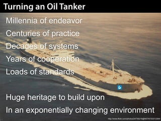 Turning an Oil Tanker
Millennia of endeavor
Centuries of practice
Decades of systems
Years of cooperation
Loads of standards


Huge heritage to build upon
In an exponentially changing environment
                              http://www.flickr.com/photos/24736216@N07/6153313394/
 