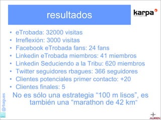 resultados eTrobada: 32000 visitas Irreflexión: 3000 visitas Facebook eTrobada fans: 24 fans Linkedin eTrobada miembros: 41 miembros Linkedin Seduciendo a la Tribu: 620 miembros Twitter seguidores rbagues: 366 seguidores Clientes potenciales primer contacto: +20 Clientes finales: 5 No es sólo una estrategia “100 m lisos”, es también una “marathon de 42 km ” 