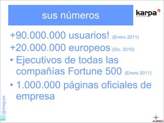 sus números +90.000.000 usuarios!  (Enero 2011) +20.000.000 europeos   (Dic. 2010) Ejecutivos de todas las compañías Fortune 500  (Enero 2011) 1.000.000 páginas oficiales de empresa 