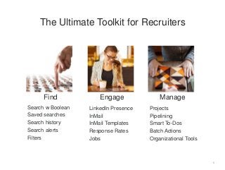 5
The Ultimate Toolkit for Recruiters
ManageFind
Search w Boolean
Saved searches
Search history
Search alerts
Filters
Engage
LinkedIn Presence
InMail
InMail Templates
Response Rates
Jobs
Projects
Pipelining
Smart To-Dos
Batch Actions
Organizational Tools
 