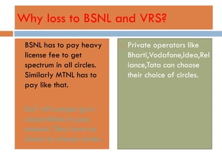 Why loss to BSNL and VRS?
   BSNL has to pay heavy          Private operators like
    license fee to get              Bharti,Vodafone,Idea,Rel
    spectrum in all circles.        iance,Tata can choose
    Similarly MTNL has to           their choice of circles.
    pay like that.

   DoT will compel govt.
    corporations to pay
    amount. They have no
    choice to choose circles.
 