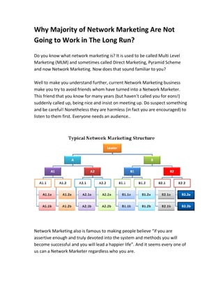 Why Majority of Network Marketing Are Not
Going to Work in The Long Run?
Do you know what network marketing is? It is used to be called Multi Level
Marketing (MLM) and sometimes called Direct Marketing, Pyramid Scheme
and now Network Marketing. Now does that sound familiar to you?

Well to make you understand further, current Network Marketing business
make you try to avoid friends whom have turned into a Network Marketer.
This friend that you know for many years (but haven’t called you for eons!)
suddenly called up, being nice and insist on meeting up. Do suspect something
and be careful! Nonetheless they are harmless (in fact you are encouraged) to
listen to them first. Everyone needs an audience..




Network Marketing also is famous to making people believe “if you are
assertive enough and truly devoted into the system and methods you will
become successful and you will lead a happier life”. And it seems every one of
us can a Network Marketer regardless who you are.
 