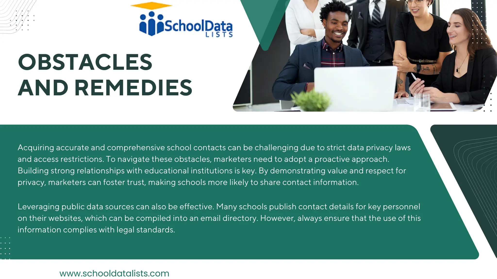 OBSTACLES
AND REMEDIES
Acquiring accurate and comprehensive school contacts can be challenging due to strict data privacy laws
and access restrictions. To navigate these obstacles, marketers need to adopt a proactive approach.
Building strong relationships with educational institutions is key. By demonstrating value and respect for
privacy, marketers can foster trust, making schools more likely to share contact information.
Leveraging public data sources can also be effective. Many schools publish contact details for key personnel
on their websites, which can be compiled into an email directory. However, always ensure that the use of this
information complies with legal standards.
www.schooldatalists.com
 