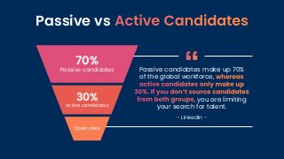 Passive vs
Passive candidates make up 70%
of the global workforce,
you are limiting
your search for talent.
- LinkedIn -
7...