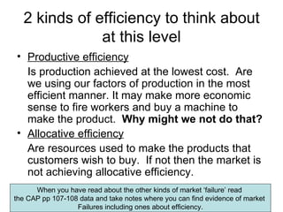 2 kinds of efficiency to think about at this level Productive efficiency   Is production achieved at the lowest cost.  Are we using our factors of production in the most efficient manner. It may make more economic sense to fire workers and buy a machine to make the product.  Why might we not do that? Allocative efficiency   Are resources used to make the products that customers wish to buy.  If not then the market is not achieving allocative efficiency. When you have read about the other kinds of market ‘failure’ read  the CAP pp 107-108 data and take notes where you can find evidence of market  Failures including ones about efficiency. 